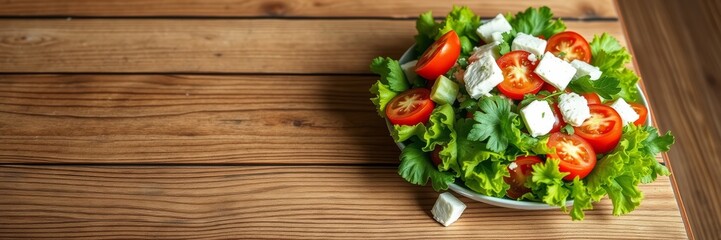 Fresh Salad with Tomatoes and Feta Cheese on Wooden Table Conveying a Healthy Lifestyle Choice