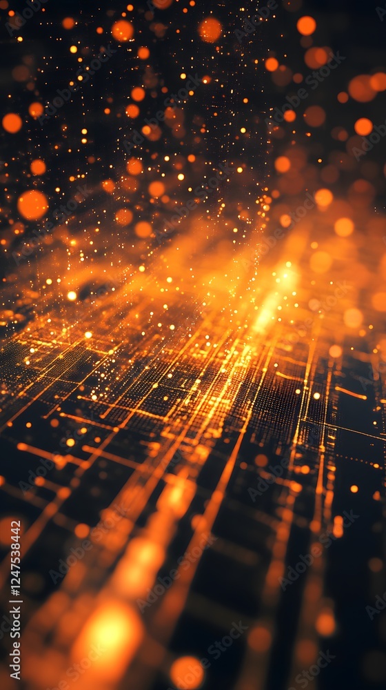 Poster abstract digital visualization of glowing particles in an orange and black gradient background