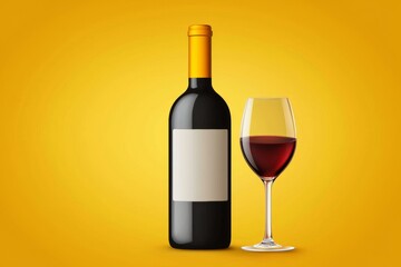 Bottle of wine and a wine glass are on a yellow background