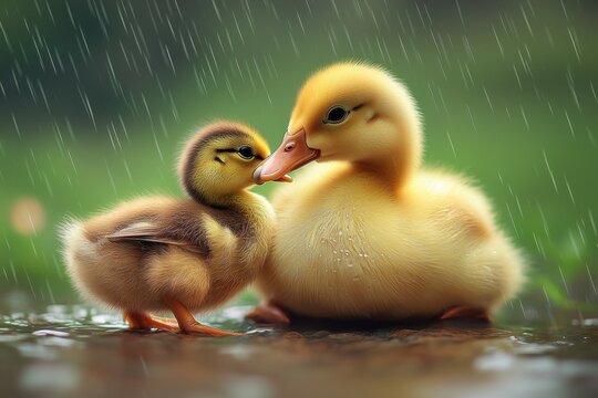 Two baby ducks are huddled together in the rain