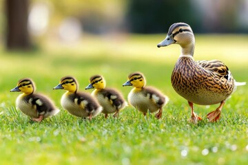 Mother duck and her ducklings are walking across a grassy field