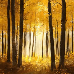 Sunlit autumn forest with golden leaves and tall trees.