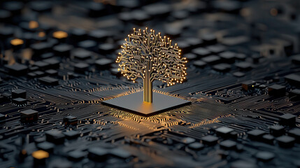 luminous AI powered tree with branches forming neural connections stands out against dark circuit board background, symbolizing fusion of nature and technology