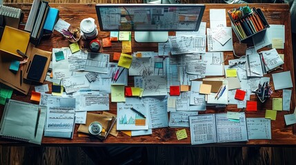 Busy office desk, paperwork, brainstorming, project planning, overhead view