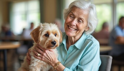 Elderly woman happily holds small dog. Animal-assisted learning program in senior center. Woman smiles lovingly at dog. Joyful moment in relaxed senior center setting. Warm, caring atmosphere. Senior