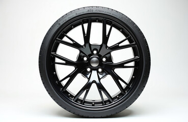 Obraz premium High-quality black alloy car wheel rim against pure white background. Modern sporty design. Durable material. Pro automotive part. Elegant wheel rim for high-performance vehicle. Perfect for car
