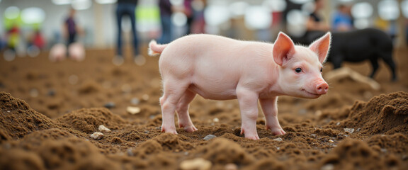 Cute pink piglet standing on sandy ground, exuding a playful and curious mood, surrounded by people at the Sydney Royal Easter Show's livestock exhibition