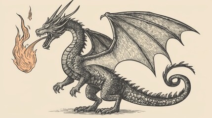 Old dragon hand-drawn with bold ink strokes, showing its scales and fire-breathing mouth, perfect for coloring and tattoo inspiration