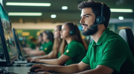 A group of young professionals, wearing green uniforms and headsets. The scene could be used for online training, gaming, customer service or a call center workspace.