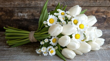 white tulips and daisies bouquet on wooden background