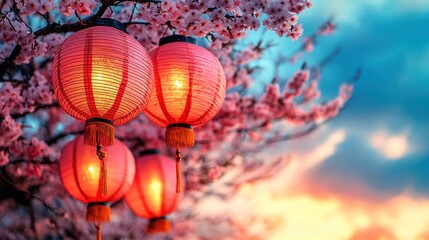 Obraz premium Illuminated lanterns hanging from blossoming cherry tree branches at sunset.