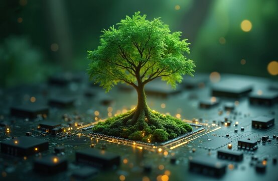 Green tree grows on circuit board. Eco-friendly tech concept. Green, sustainable tech. Image shows environmental responsibility in computer systems. Innovative eco computing concept. Future tech