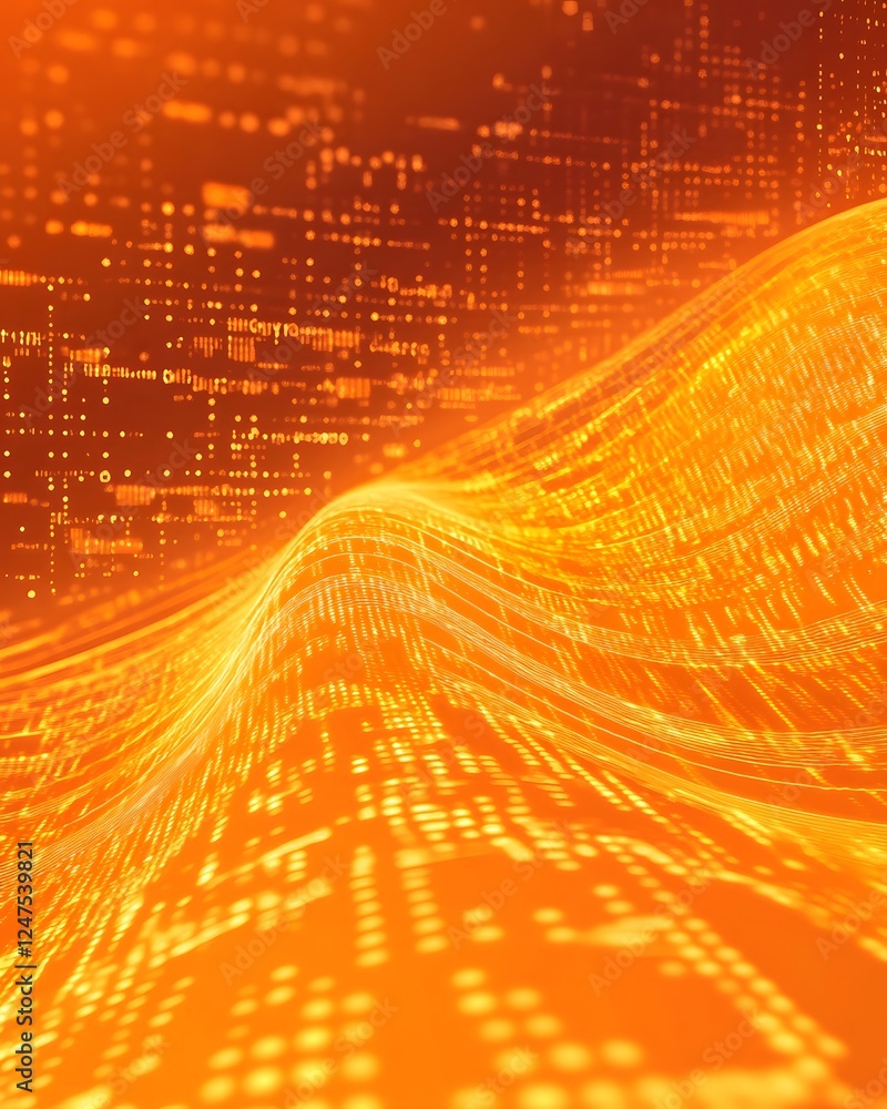 Poster dynamic digital landscape with flowing data waves illuminating in orange tones representing technolo