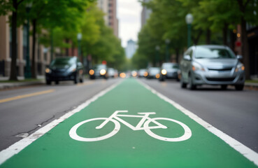 Urban street with designated bike lane. Cars drive on road. Green painted bike lane marked with a white bike symbol. City scene. Safe urban transportation infrastructure. Bike friendly city.