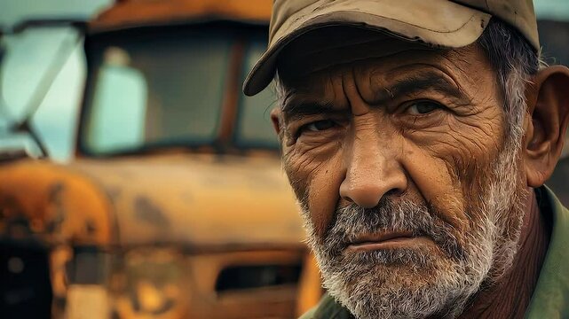 Close up portrait of a determined senior truck driver standing proudly in front of his weathered, rusty truck, showcasing a life dedicated to the road