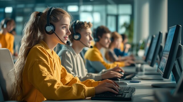 A group of students wearing headsets work diligently at their computers, immersing themselves in an online learning experience. Also, the scene can be used for online gaming