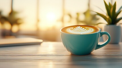 Obraz premium Artistic shot of a turquoise coffee cup with latte art, wooden tabletop, minimalistic workspace with a plant, glowing under golden sunlight