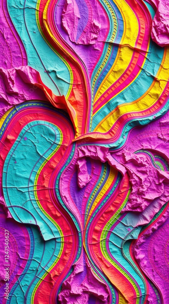 Poster abstract vibrant design featuring a textured, colorful pattern with dynamic shapes and a bright, eye