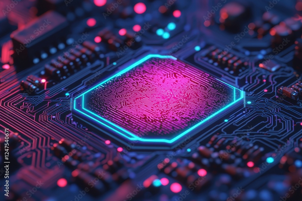 Poster digital technology concept of futuristic neon circuit board. futuristic close-up of a computer chip 