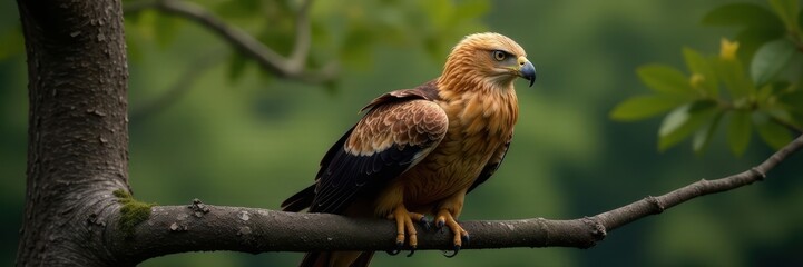 Golden eagle resting on a branch, intense gaze, golden, eagle perch