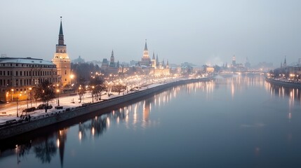 Naklejka premium Moscow River, Kremlin, winter night, city lights, travel