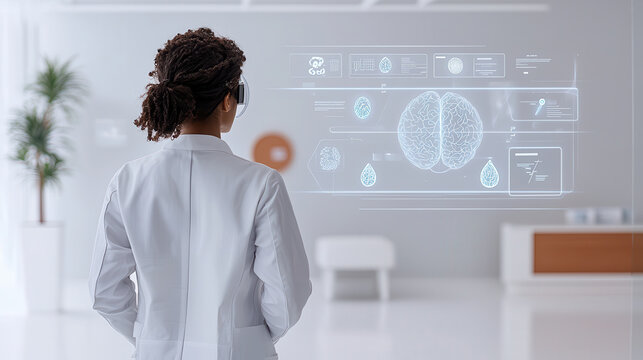 professional in lab coat uses virtual reality technology to explore mental health data in modern therapy room. holographic display shows brain imagery and analytics