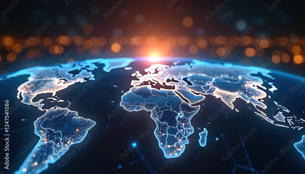 Poster global world network view. detailed earth map with glowing connections. abstract tech concept for gl