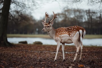 Fototapeta premium Majestic deer in autumn forest with soft focus. Artificial Intelligence