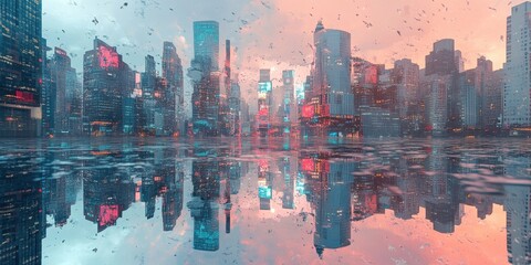 Futuristic cityscape reflecting on water during a cloudy day