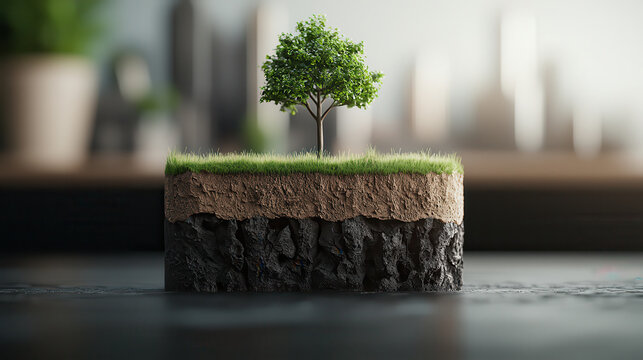 3D rendered cross section of earth featuring lush green tree on grassy surface, showcasing detailed underground layer. This evokes sense of nature amidst urban life