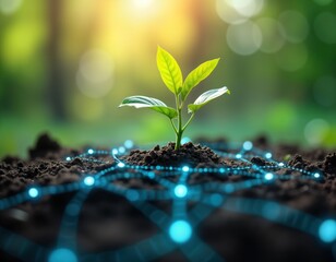 Tech illustration shows young plant growing in soil with glowing lines representing tech, eco fusion. Innovation in sustainable agriculture. Future of eco friendly food production. Modern