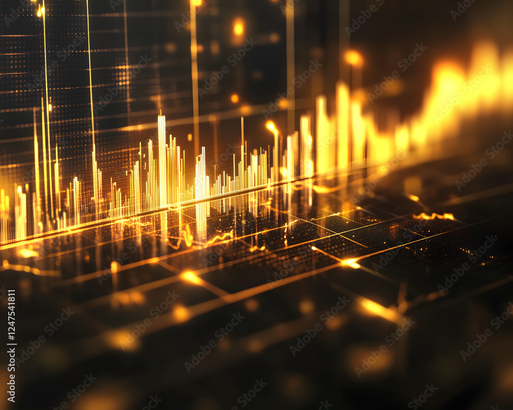 Poster dynamic financial market analysis: golden graphs representing surging trends and data insights