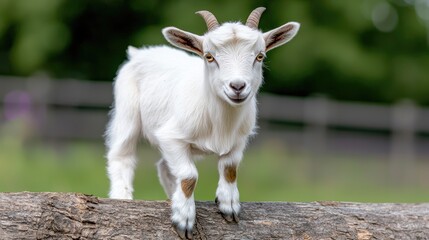 Obraz premium Young goat on log, farm background, playful kid