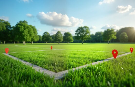 Vacant land plot marked with location markers. Green field area. Residential development project concept. Property management. Investment opportunity. Real estate. Construction. Suitable for