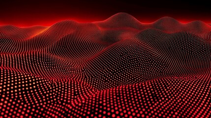 Red particle landscape, dark background, abstract art
