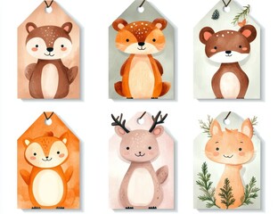 Set of hangtags with baby animals and a striped pastel background pattern