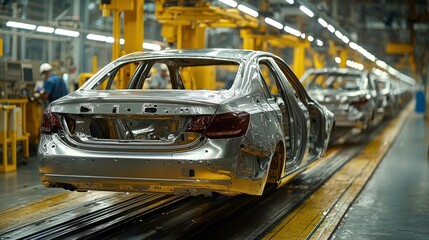 Obraz premium Car Assembly Line Factory Workers Building Sedans