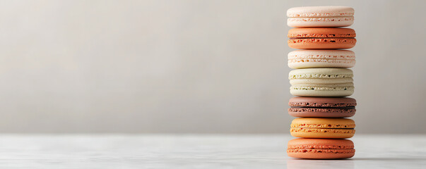 Elegant stacked macarons in assorted colors on marble surface, showcasing delightful arrangement that adds touch of sophistication to any dessert table