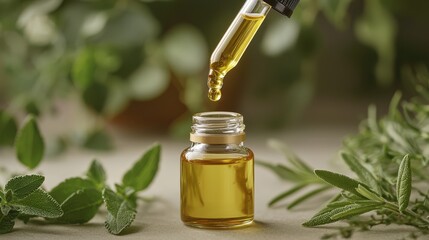Dropper releasing liquid concept. Droplet of Essential Oil Falling from Glass Pipette into Small Jar Surrounded by Fresh Herbs