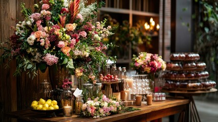 Fototapeta premium rustic wedding buffet table with floral arrangements and dessert