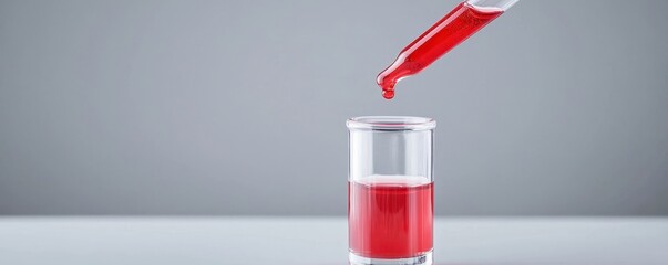 Dropper releasing liquid concept. Red Liquid Dropper Above Glass Measuring Cup with Vivid Red Solution and Gray Background