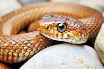 Obraz premium Close-up stock photo of a Baby Boa Constrictor with a rock, displaying a Nicaraguan Blood Boa Imperator on a plain white background
