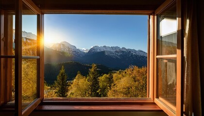 An open window reveals a stunning mountain panorama bathed in warm sunlight. Lush trees and peaks create a serene and inviting atmosphere. Nature unfolds its beauty in every detail
