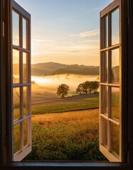 An open window frames a breathtaking view of rolling hills and fields bathed in golden sunlight at dawn. The peaceful landscape invites exploration and ignites a sense of wanderlust © Matthias