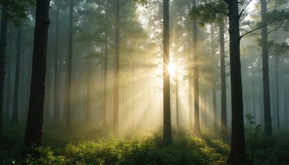 Misty morning light shines through trees in serene forest. Sunlight rays create magical atmosphere. Rich plants, tranquil scene evoke peacefulness. Quiet dawn setting with hazy, dreamy landscape.