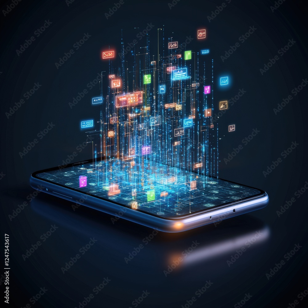 Poster a smartphone projecting a glowing 3d interface.