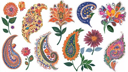High-detail paisley and Indian flower motifs, dynamic mix of bright colors, traditional yet fresh, ideal for textile or digital use