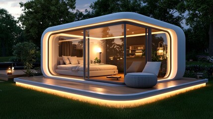 Large white shed with modern fixtures, soft ambient lights glowing against a green garden backdrop, functional aesthetic concept