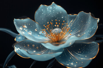 3D illustration of a delicate and translucent blue flower with golden stamens and semi-transparent petals, on a black background with water drops, petal veins visible. Lily, lotus, orchid macro	