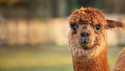 A fluffy brown alpaca displays a charming head tilt, radiating joy and playfulness. Its soft fur glimmers under the warm sunlight, creating a heartwarming atmosphere in a serene environment
